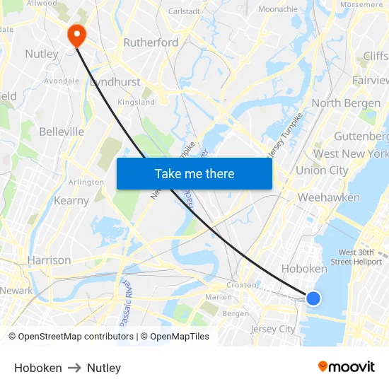 Hoboken to Nutley map