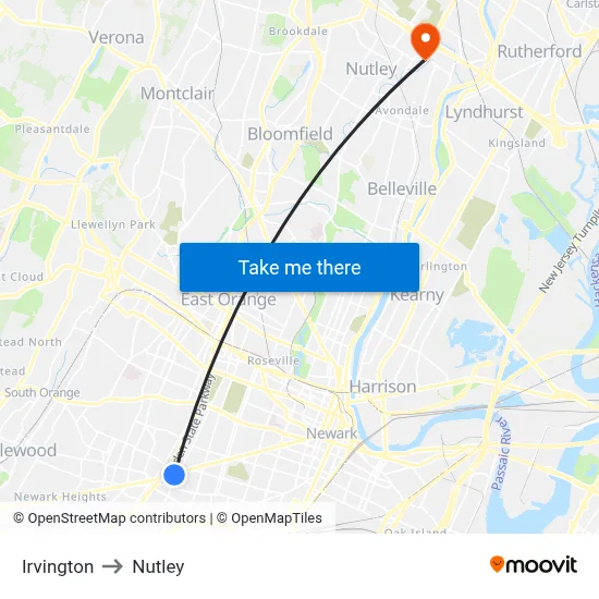 Irvington to Nutley map