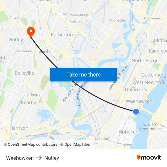 Weehawken to Nutley map