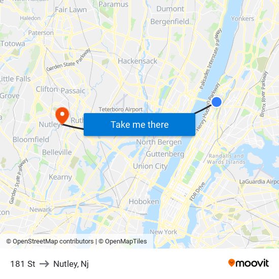 181 St to Nutley, Nj map