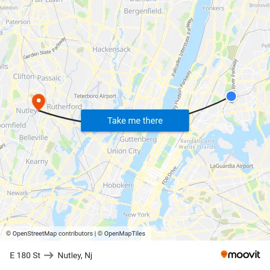 E 180 St to Nutley, Nj map