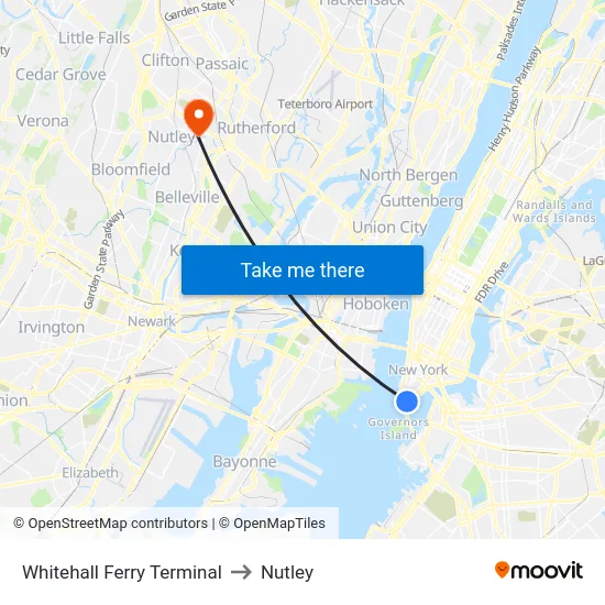 Whitehall Ferry Terminal to Nutley map