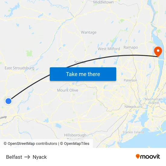 Belfast to Nyack map
