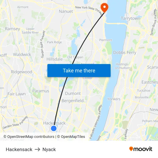 Hackensack to Nyack map