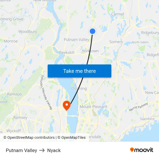 Putnam Valley to Nyack map