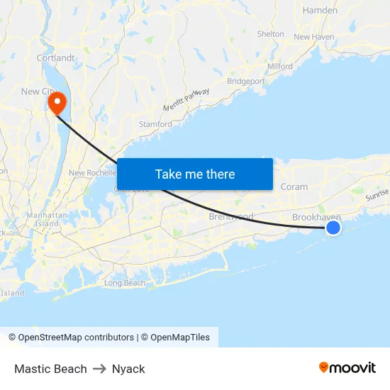 Mastic Beach to Nyack map
