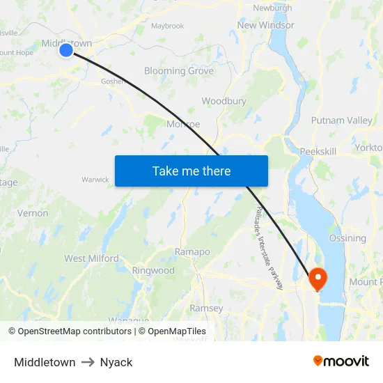 Middletown to Nyack map