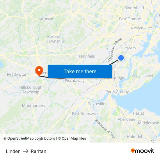 Linden to Raritan map