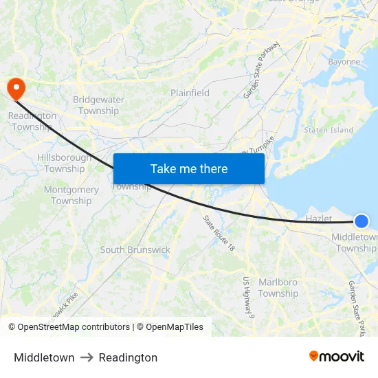 Middletown to Readington map