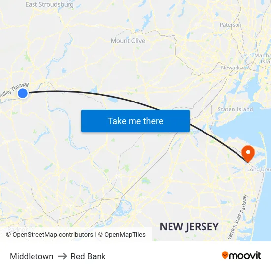 Middletown to Red Bank map