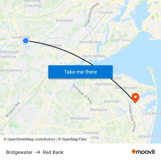 Bridgewater to Red Bank map