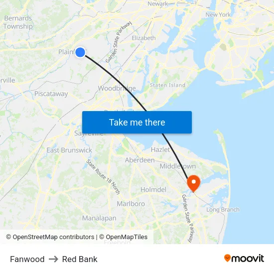 Fanwood to Red Bank map