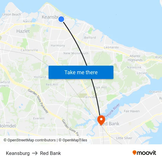 Keansburg to Red Bank map