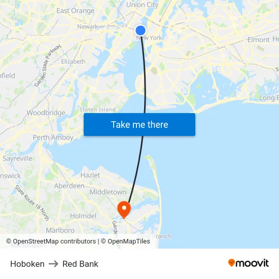 Hoboken to Red Bank map
