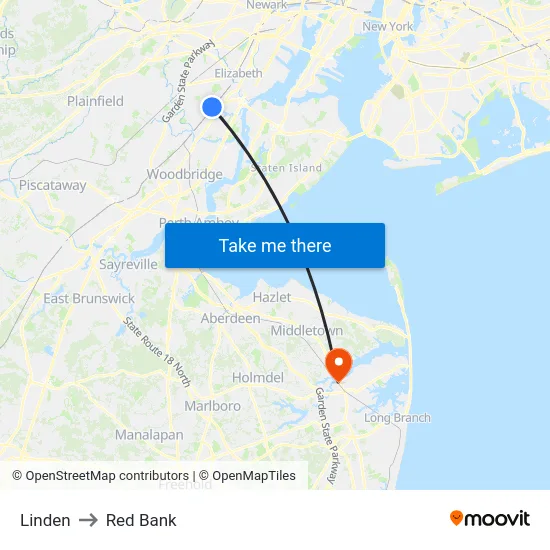 Linden to Red Bank map