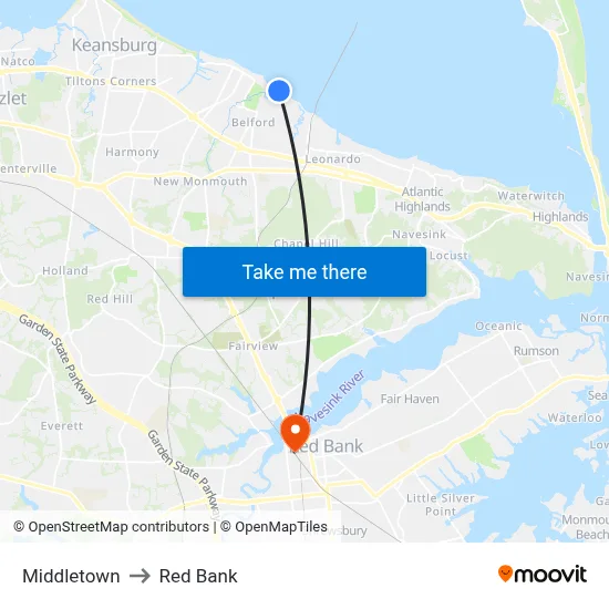 Middletown to Red Bank map