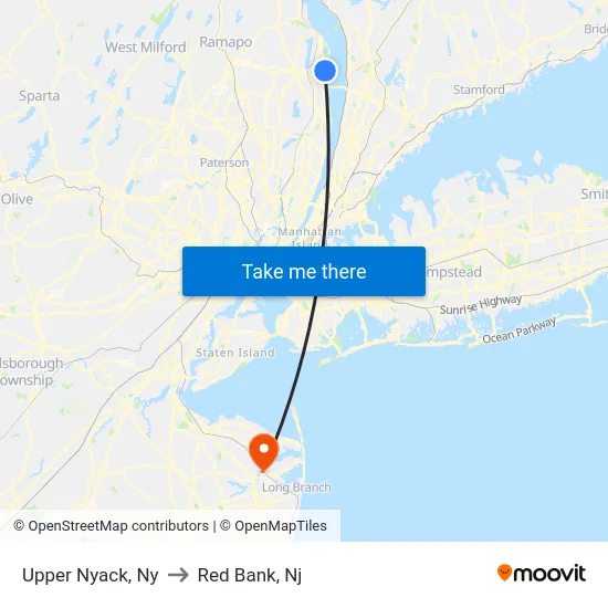 Upper Nyack to Red Bank, Nj map