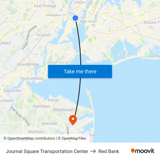 Journal Square Transportation Center to Red Bank map