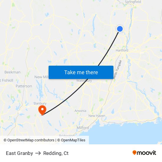 East Granby to Redding, Ct map