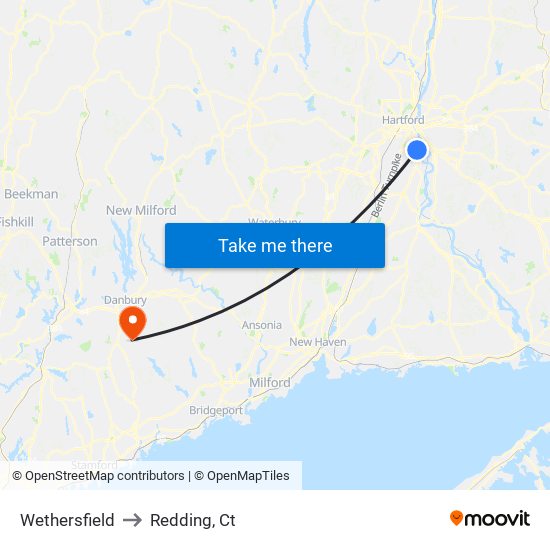 Wethersfield to Redding, Ct map