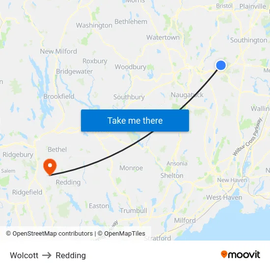 Wolcott to Redding map