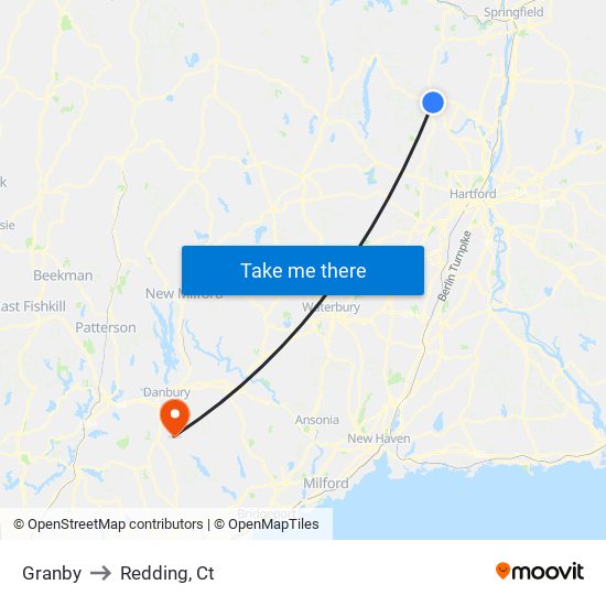 Granby to Redding, Ct map