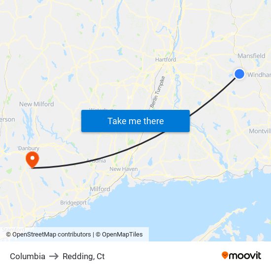Columbia to Redding, Ct map