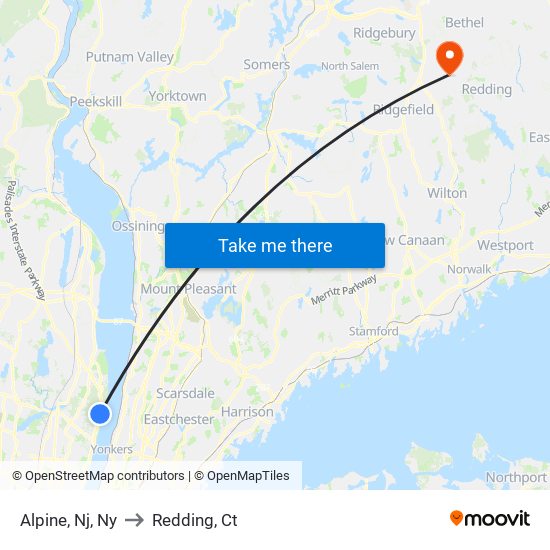 Alpine, Nj, Ny to Redding, Ct map