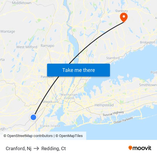 Cranford, Nj to Redding, Ct map