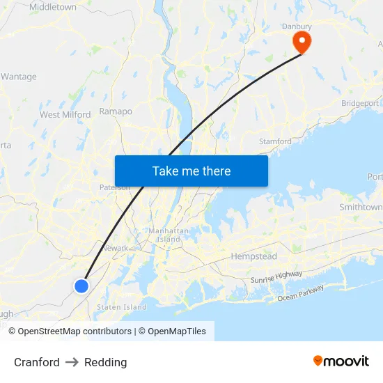 Cranford to Redding map