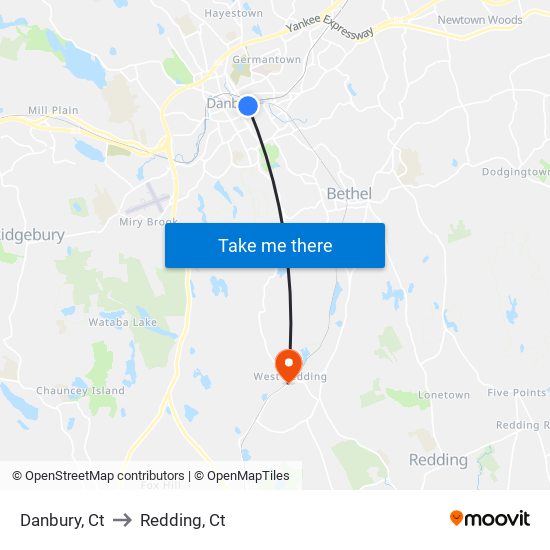 Danbury, Ct to Redding, Ct map