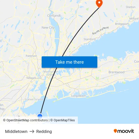 Middletown to Redding map