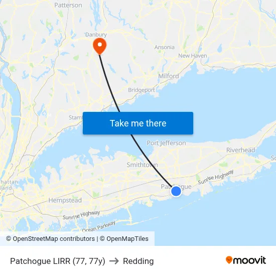 Patchogue LIRR (77, 77y) to Redding map