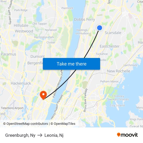 Greenburgh, Ny to Leonia, Nj map