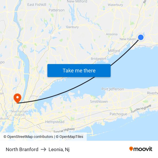 North Branford to Leonia, Nj map