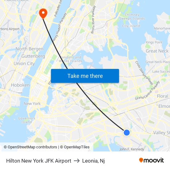 Hilton New York JFK Airport to Leonia, Nj map