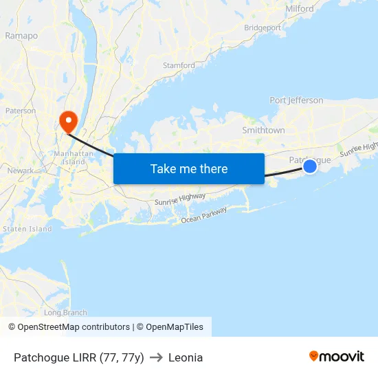 Patchogue LIRR (77, 77y) to Leonia map
