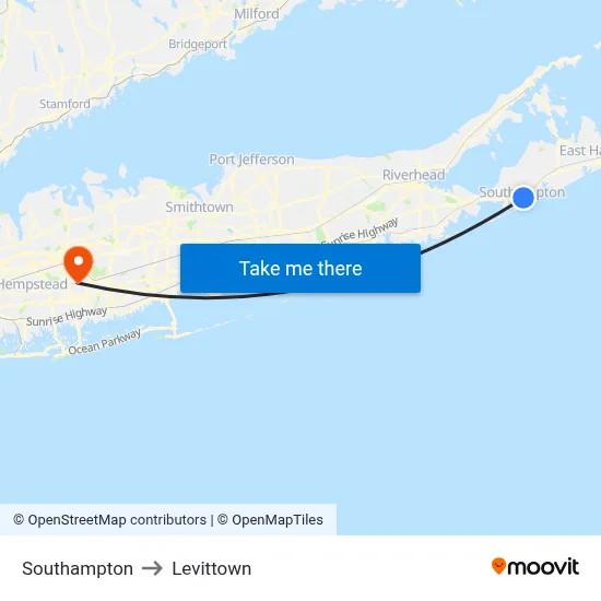 Southampton to Levittown map