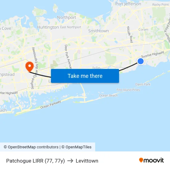 Patchogue LIRR (77, 77y) to Levittown map