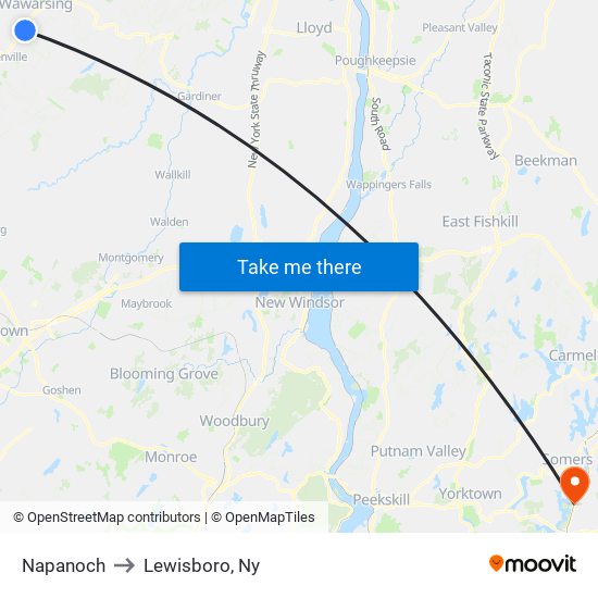 Napanoch to Lewisboro, Ny map