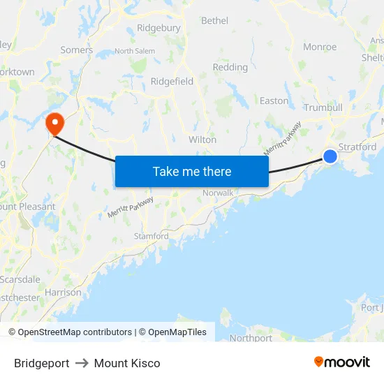 Bridgeport to Mount Kisco map