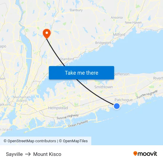 Sayville to Mount Kisco map