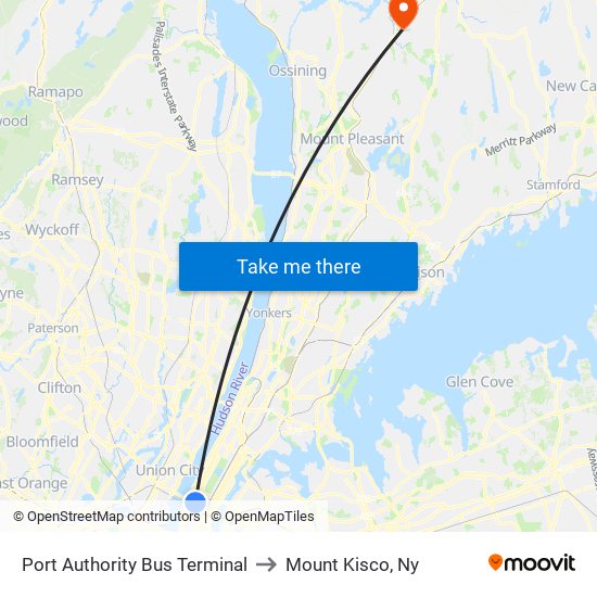 Port Authority Bus Terminal to Mount Kisco, Ny map