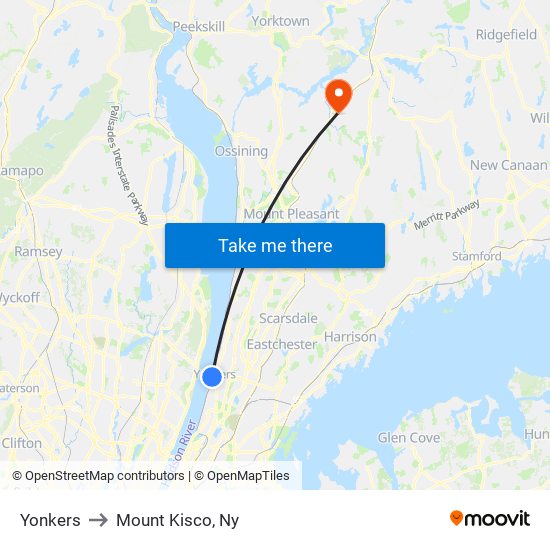 Yonkers to Mount Kisco, Ny map