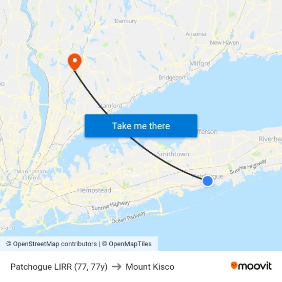 Patchogue LIRR (77, 77y) to Mount Kisco map