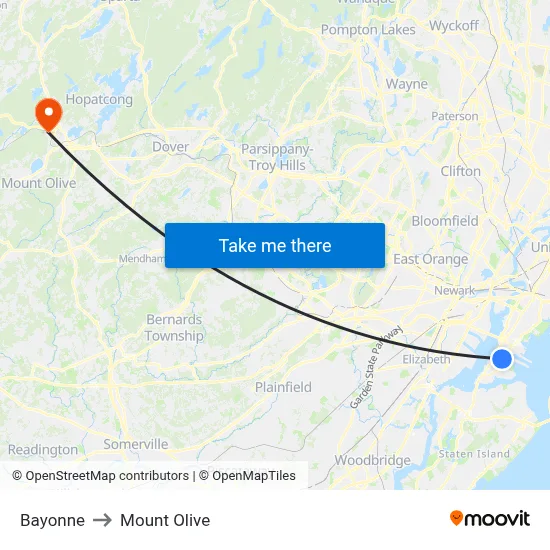 Bayonne to Mount Olive map