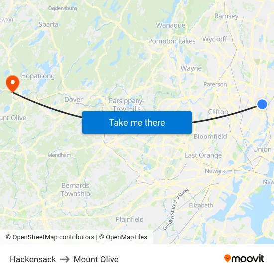 Hackensack to Mount Olive map