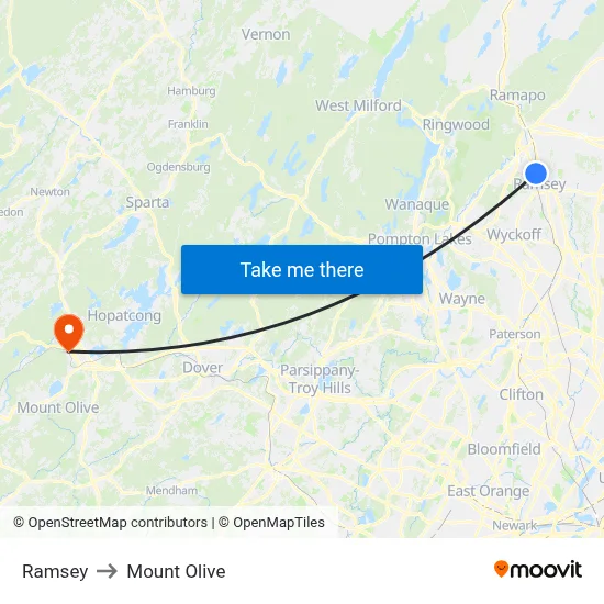Ramsey to Mount Olive map