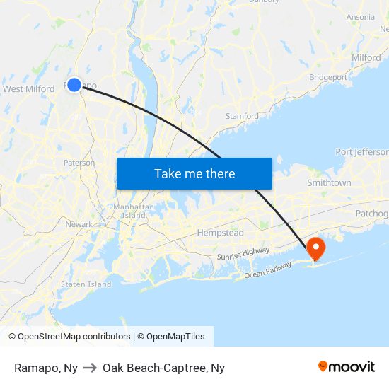 Ramapo, Ny to Oak Beach-Captree, Ny map