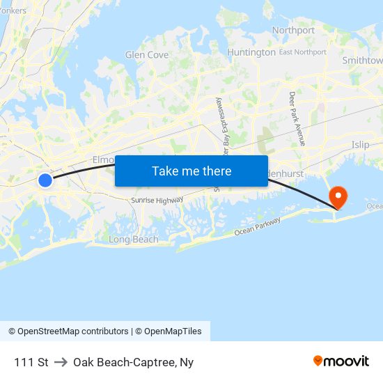 111 St to Oak Beach-Captree, Ny map